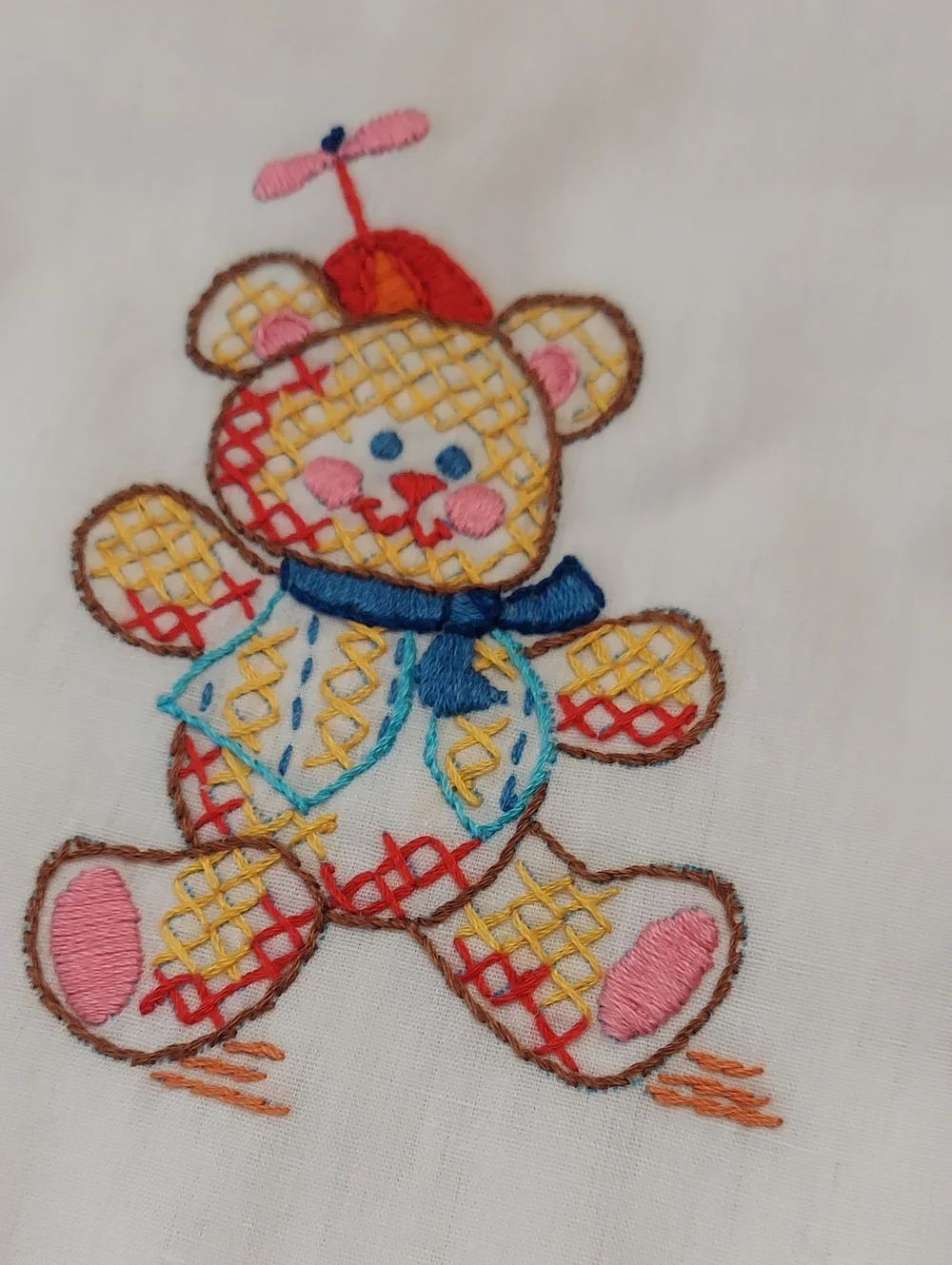 Playthings’ Crib Sheet Hand Embroidery from Bucilla Pattern  Vintage Clown Toys